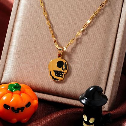 Stylish Halloween Skull Stainless Steel Black Enamel Pendant Dapped Chain Necklaces IJ5988-1