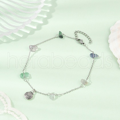 Natural Fluorite Chip Bead Chain Anklets AJEW-AN00671-03-1
