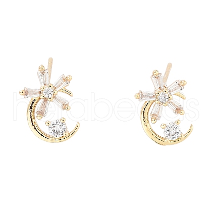 Moon with Flower Brass Micro Pave Cubic Zirconia Stud Earrings EJEW-Q800-24KCG-1