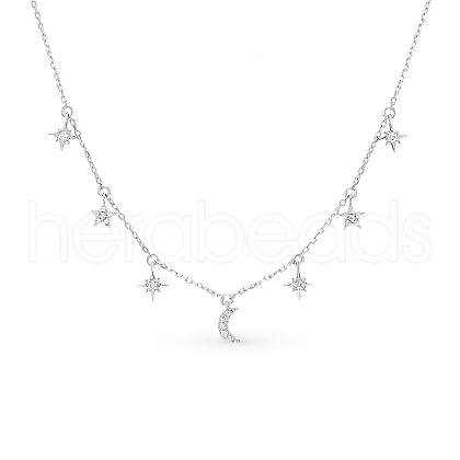 925 Sterling Silver Micro Pave Clear Cubic Zirconia Star Moon Pendant Necklaces SG6051-2-1
