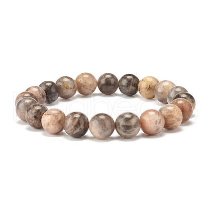 10mm Natural Black Sunstone Round Beads Stretch Bracelet for Men Women BJEW-JB07299-02-1