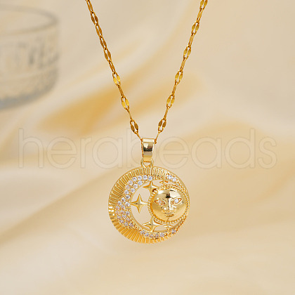 Retro Brass Pave Shiny Cubic Zirconia Moon Star Face Pendant Necklaces OX2652-2-1