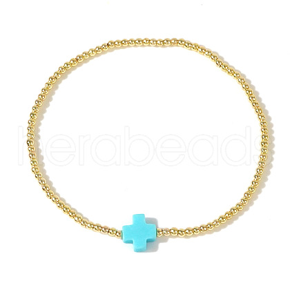Cross Natural Gemstone & Brass Bead Stretch Bracelets for Women QE9707-6-1