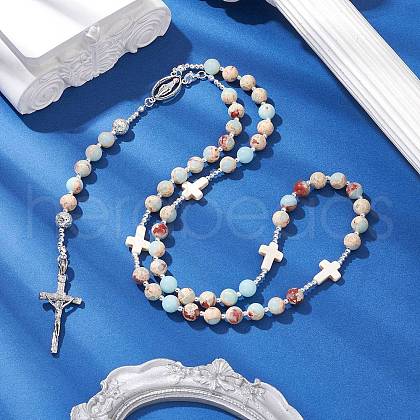 Gemstone Jesus Cross Pendant Rosary Bead Necklaces for Women NJEW-TA00177-1