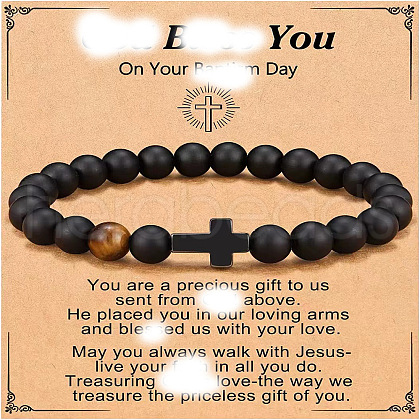 Cross Natural Tiger Eye & Frosted Black Obsidian Round Beads Stretch Bracelets for Men Women WG92FBF-09-1
