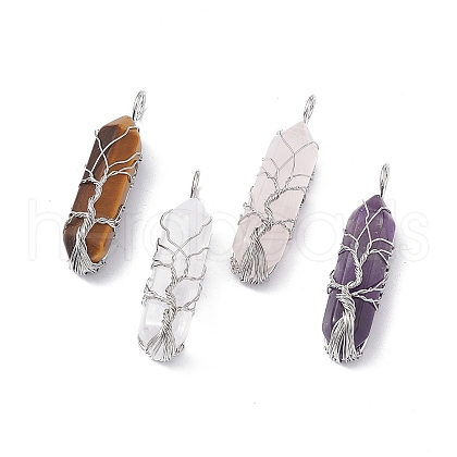 Natural & Synthetic Mixed Gemstone Copper Wire Wrapped Pointed Pendants G-F733-05-1