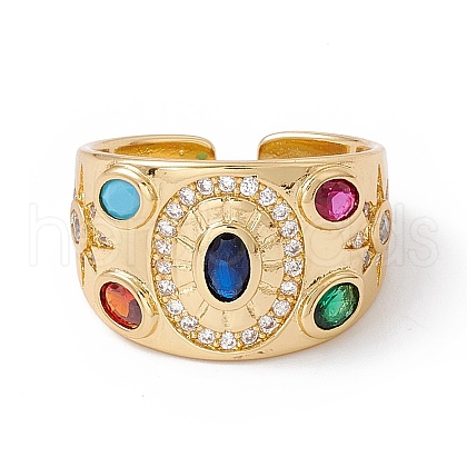 Colorful Cubic Zirconia Oval with Sun Open Cuff Ring RJEW-B043-15-1