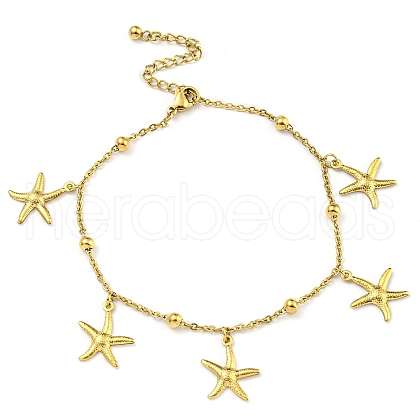 PVD Vacuum Plating Summer Beach 304 Stainless Steel Cable Chain Starfish Charm Bracelets BJEW-P334-02G-1
