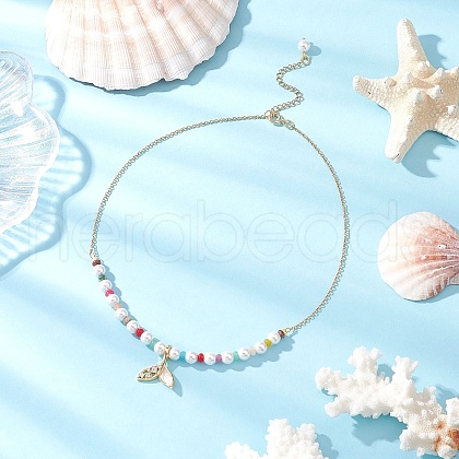 Natural Mixed Stone & Shell Pearl Round Beaded Necklaces NJEW-JN05302-01-1
