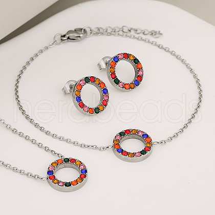Ring 304 Stainless Steel Rhinestone Pendant Necklaces & Link Bracelets & Stud Earrings Sets WG32AA8-04-1