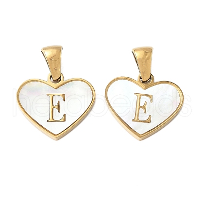304 Stainless Steel Pave Natural White Shell Heart with Initial Slice Pendants STAS-R168-25G-E-1