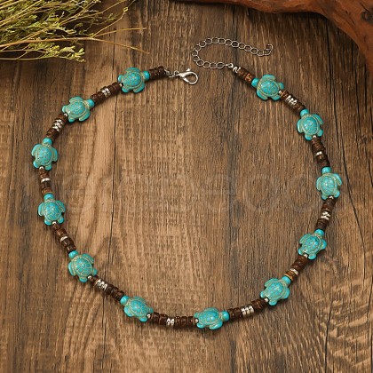 Sea Turtle Dyed Synthetic Turquoise & Coconut Heishi Beaded Necklaces for Men FS-WG4C8C3-01-1