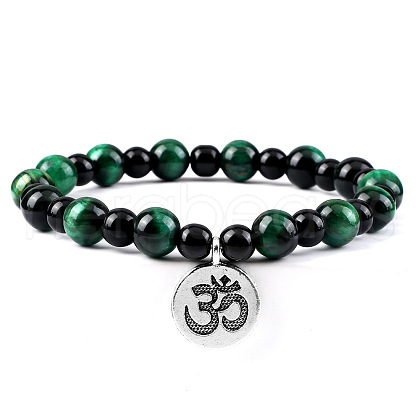 Yoga Natural Dyed Green Tiger Eye Round Beads Charm Bracelets HP5240-5-1