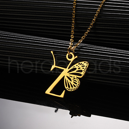 304 Stainless Steel Butterfly Initial Pendant Necklaces WG80197-26-1