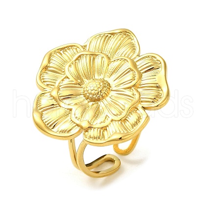 Ion Plating(IP) 304 Stainless Steel Flower Open Cuff Ring for Women RJEW-C083-05G-1