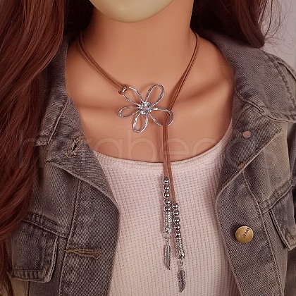 Hollow Flower Bohemian Style Alloy Pendant Camel Faux Suede Cord Lariat Necklaces for Women FS-WGF2926-01-1