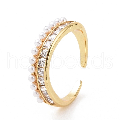 Clear Cubic Zirconia Open Cuff Ring with ABS Plastic Imitation Pearl Beaded RJEW-G283-01G-1