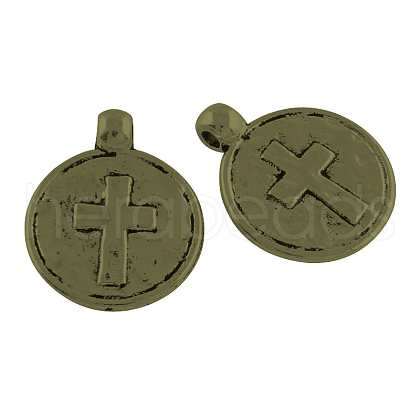 Tibetan Style Flat Round with Cross Alloy Pendants TIBEP-Q054-25AB-NR-1