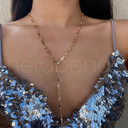 Cross Brass with Rhinestone Lariat Necklaces FS-WG1426B-06-1