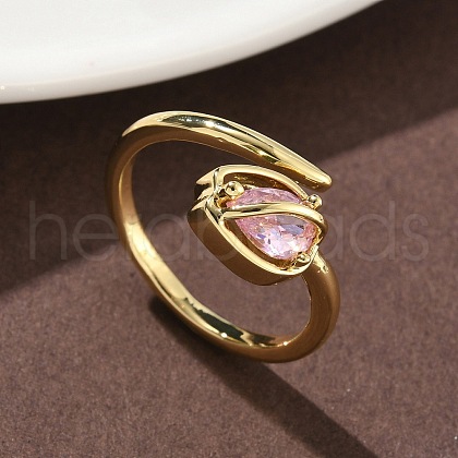 Flower Brass Micro Pave Cubic Zirconia Cuff Rings for Women RJEW-A069-05G-01-1