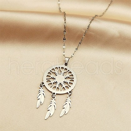 Non-Tarnish Woven Net/Web with Feather 304 Stainless Steel Boho Pendant Necklaces for Women NJEW-G087-08P-1