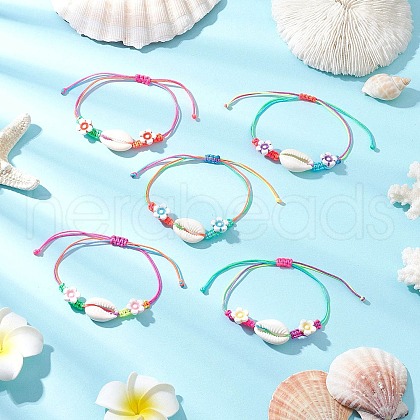 Natural Mixed Cowrie Shell Beads Braided Bead Bracelets BJEW-JB11786-1