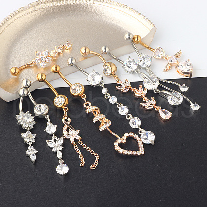 10Pcs 10 Styles 304 Stainless Steel Clear Cubic Zirconia Dangle Belly Rings WG50F07-01-1