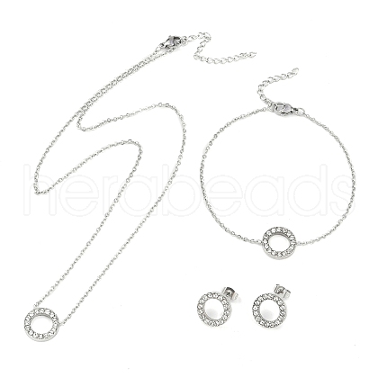 Ring 304 Stainless Steel Crystal Rhinestone Pendant Necklaces & Bracelets & Stud Earrings Sets for Women SJEW-C004-09P-01-1