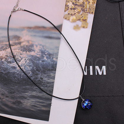 Luminous Zinc Alloy & Glass Flat Round with Constellation Pendant Black Korean Waxed Cord Necklaces WG08639-06-1