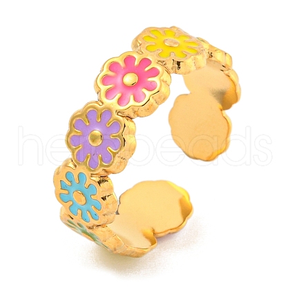 Daisy 304 Stainless Steel Enamel Open Cuff Ring for Women RJEW-Z041-02G-01-1