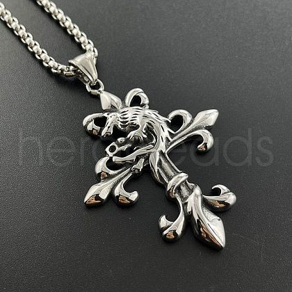 Retro Punk Hip-hop Stainless Steel Wolf Cross Pendant Necklaces for Men FA7959-1