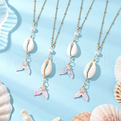 Natural Cowrie Shell & Resin & Shell Pearl Mermaid Tail Pendant Necklaces NJEW-JN05233-1