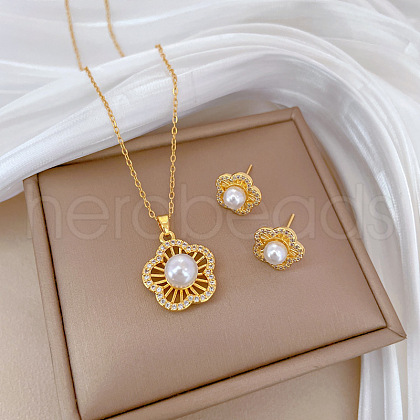 Brass Micro Pave Cubic Zirconia with Plastic Pearl Pendant Necklace & Stud Earrings WG7AC39-113-1