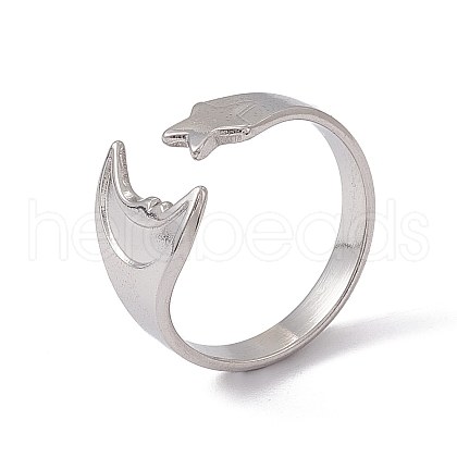 Non-Tarnish 304 Stainless Steel Moon & Star Open Cuff Ring for Women RJEW-C045-19P-1