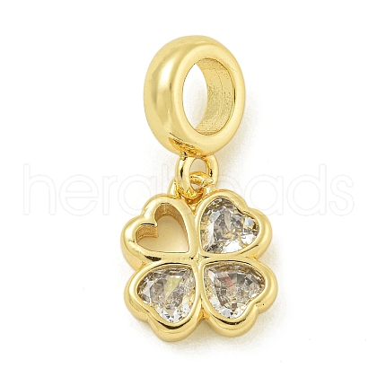 Rack Plating Brass Pave Clear Cubic Zirconia Clover European Dangle Charms KK-Z067-36G-1