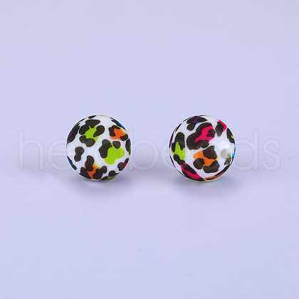 Printed Round with Leopard Print Pattern Silicone Focal Beads SI-JX0056A-07-1