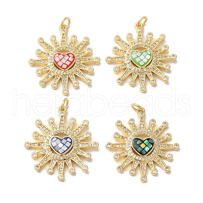 Sun with Heart Brass Micro Pave Cubic Zirconia Pendants KK-K385-071G-1
