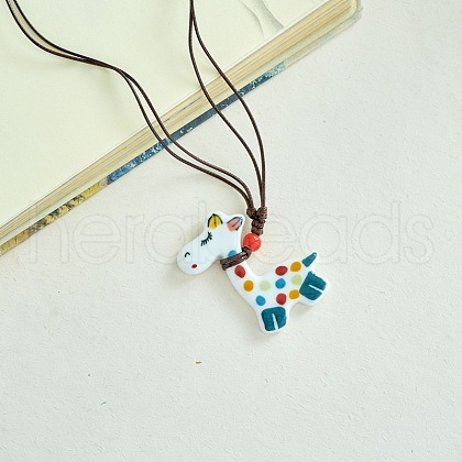 Porcelain Pendant Adjustable Imitation Leather Cord Necklaces for Women FS-WGE6687-08-1