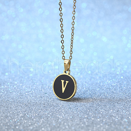 Alloy Black Enamel Flat Round with Letter Pendant Necklaces for Women WG4B845-22-1