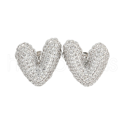 Heart Brass Pave Clear Cubic Zirconia Stud Earrings EJEW-M258-82P-1