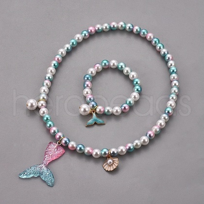 Plastic Imitation Pearl Stretch Bracelets and Necklace Jewelry Sets X-SJEW-JS01053-01-1