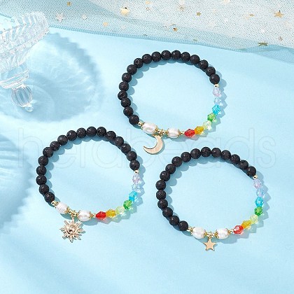 3Pcs 3 Colors Natural Lava Rock Beads Stretch Bracelets BJEW-JB11595-1