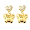 Heart with Butterfly Brass Micro Pave Clear Cubic Zirconia Dangle Stud Earrings EJEW-Z099-01G-4
