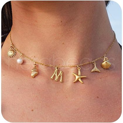Summer Brass Initial Letter Starfish Shell Shaped Pendant Bib Necklaces for Women FS-WGBCAD2-23-1
