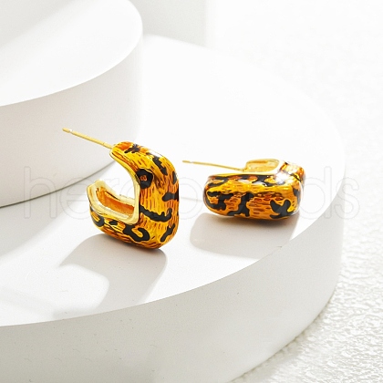 Leopard Print Brass Enamel Stud Earrings for Women EJEW-U055-12A-G-1