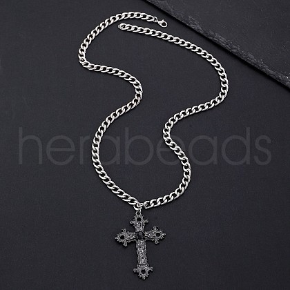 Alloy Pave Single Jet Rhinestone Religion Cross Pendant Twisted Chain Necklaces for Women PW-WG4E8E9-03-1