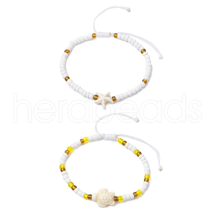 Synthetic Turquoise & Glass Seed Braided Bead Bracelets BJEW-JB11157-1