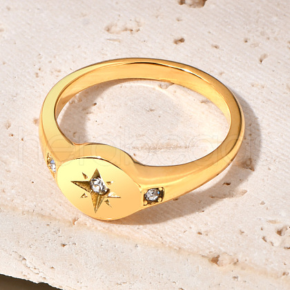 Flat Round with Star Pattern 304 Stainless Steel Micro Pave Clear Cubic Zirconia Finger Rings FS-WG7CEF6-01-1