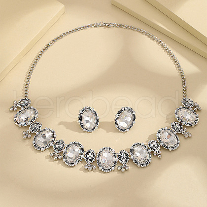 Oval Alloy Glass Pendant Necklaces & Stud Earrings Set FS-WGB4838-02-1