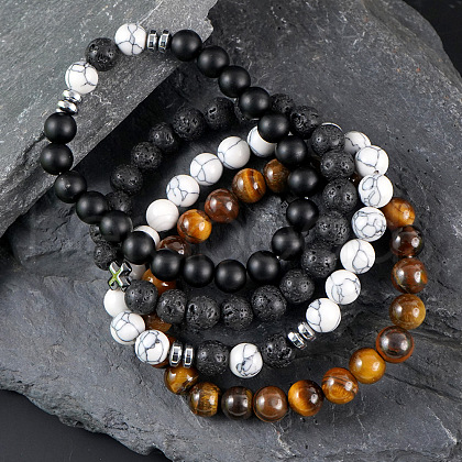 4Pcs Gothic Natural Tiger Eye & Howlite & Lava Rock & Black Stone Bead Stretch Bracelet Sets IK2928-1